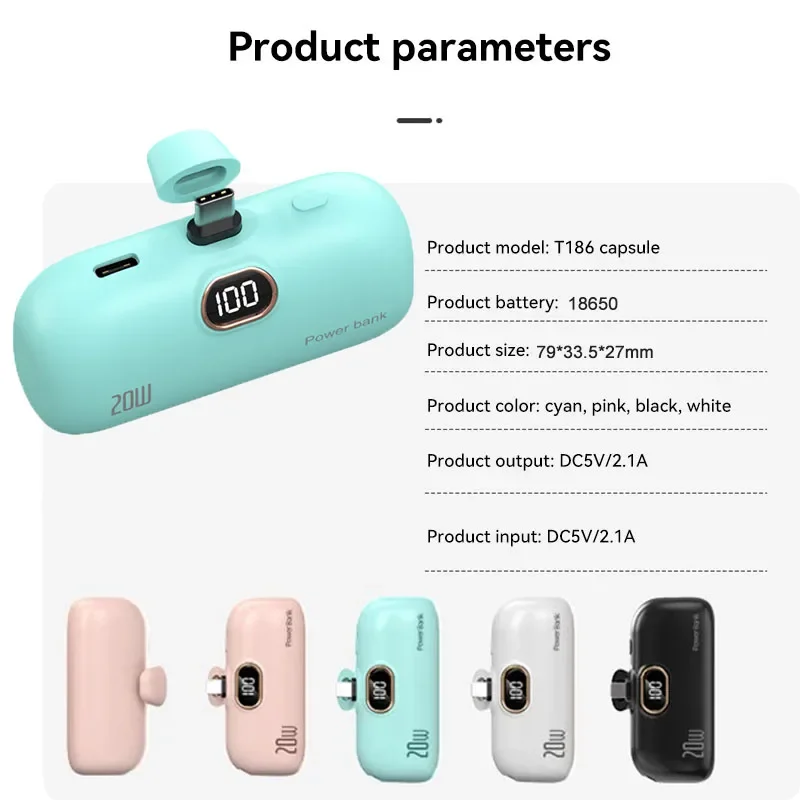 Portable Mobile Charger Mini Power Bank Built Cable Fast Charger Battery Capsule Power bank 10000/5000mAh For iPhone Type-C - Image 4