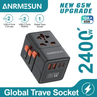 65W/45W/25W GaN Universal Travel Adapter with 2 USB 2 Type C Fast Charging All-in-one Travel Charger EU/UK/USA/AUS for Travel