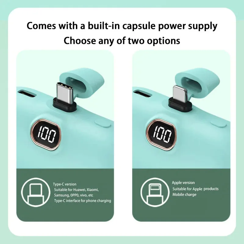 Portable Mobile Charger Mini Power Bank Built Cable Fast Charger Battery Capsule Power bank 10000/5000mAh For iPhone Type-C - Image 3